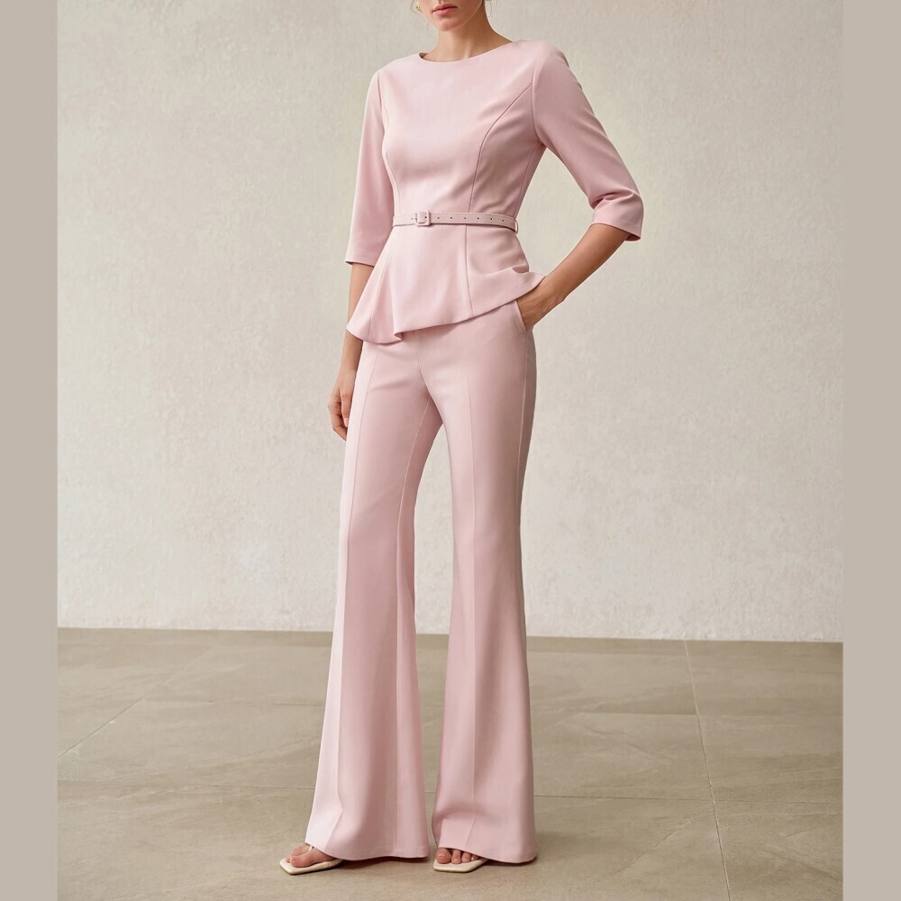 Pink Belted Peplum Top and Flared Pants Two Piece Pantsuit Set